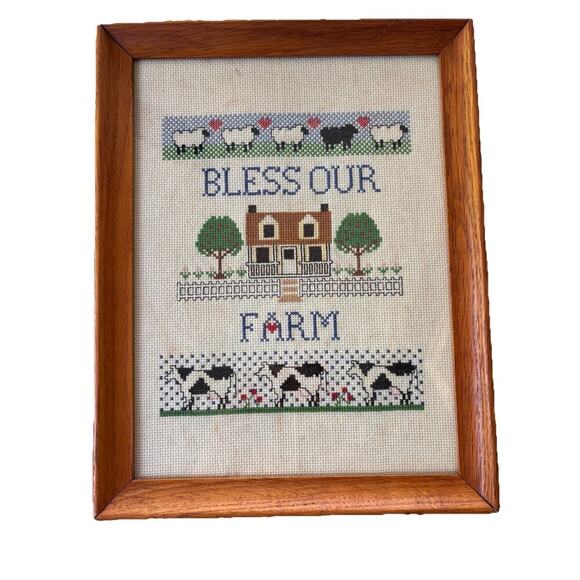 Vintage Cross Stitch God Bless Our Farm Farmhouse Cottage Grannycore Old Estate - Picture 2 of 8